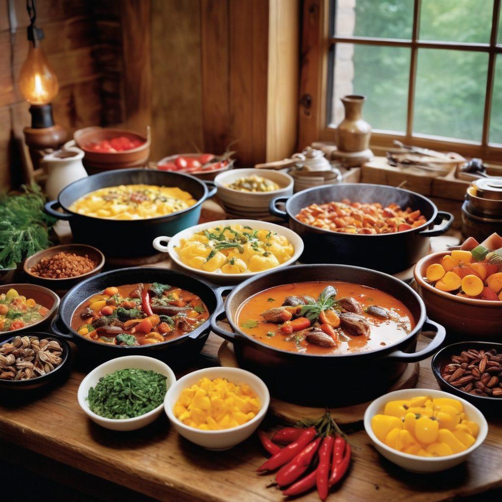 A vibrant spread of Cook County's local dishes displayed on a rustic wooden table, featuring fresh ingredients, colorful spices, and traditional cooking utensils. In the background, a cozy kitchen with warm lighting to evoke a homey feel. Highlight a variety of recipes, from hearty stews to desserts, with a hint of a cookbook open beside a steaming dish. Illustrate a sense of community and culinary adventure. super-realistic. vibrant colors. warm tones.