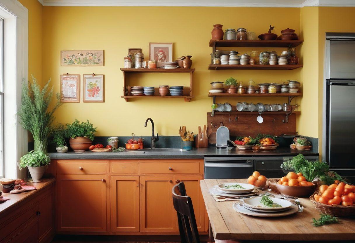 A beautiful spread of seasonal ingredients showcasing the bounty of Cook County, including fresh vegetables, herbs, and spices. In the background, a cozy family kitchen filled with warmth, where a diverse family prepares food together, laughing and sharing recipes. Incorporate elements like a vintage cookbook and family photos on the walls, reflecting cherished memories over meals. soft focus, warm color palette, inviting atmosphere.