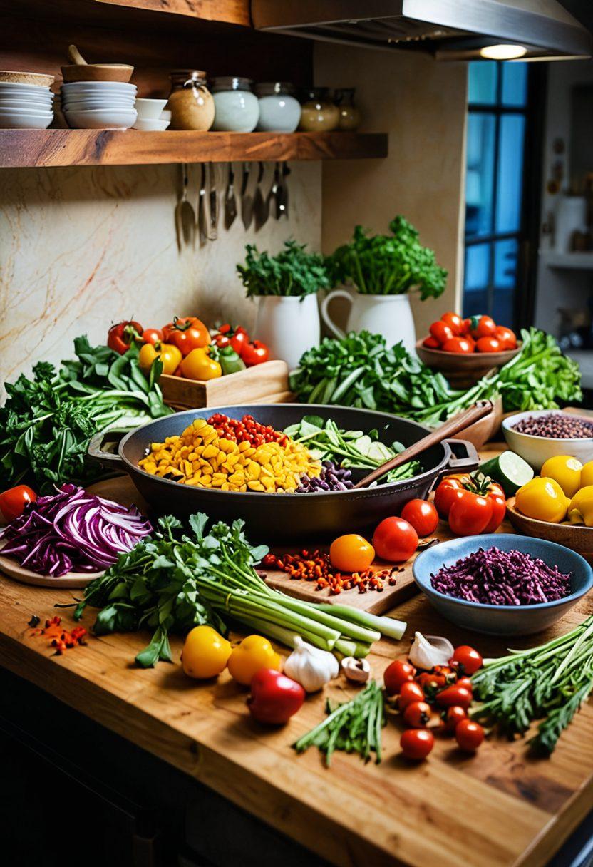 A beautifully arranged kitchen countertop showcasing fresh local ingredients like herbs, vegetables, and spices, with a chef’s knife and cutting board off to the side. Surrounding the ingredients are colorful local dishes elegantly plated, invitingly steaming. A warm, ambient lighting creates a cozy cooking atmosphere. An open cookbook rests in the background with hand-written notes. vibrant colors. super-realistic. warm tones.